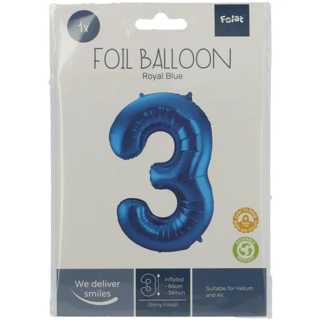 Folieballon Cijfer 3 - Blauw - 86 cm