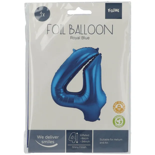 Folieballon Cijfer 4 - Blauw - 86 cm