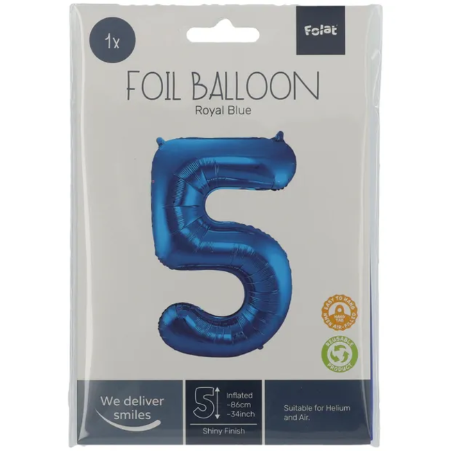 Folieballon Cijfer 5 - Blauw - 86 cm