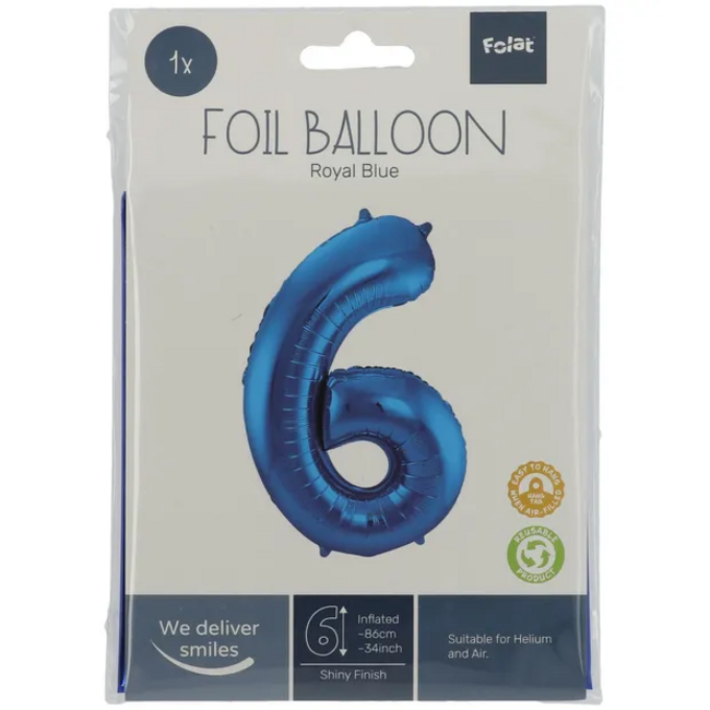 Folieballon Cijfer 6 - Blauw - 86 cm