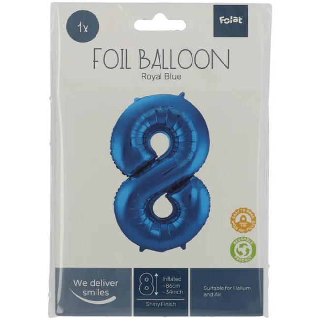 Folieballon Cijfer 8 - Blauw - 86 cm