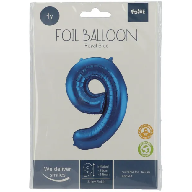 Folieballon Cijfer 9 - Blauw - 86 cm