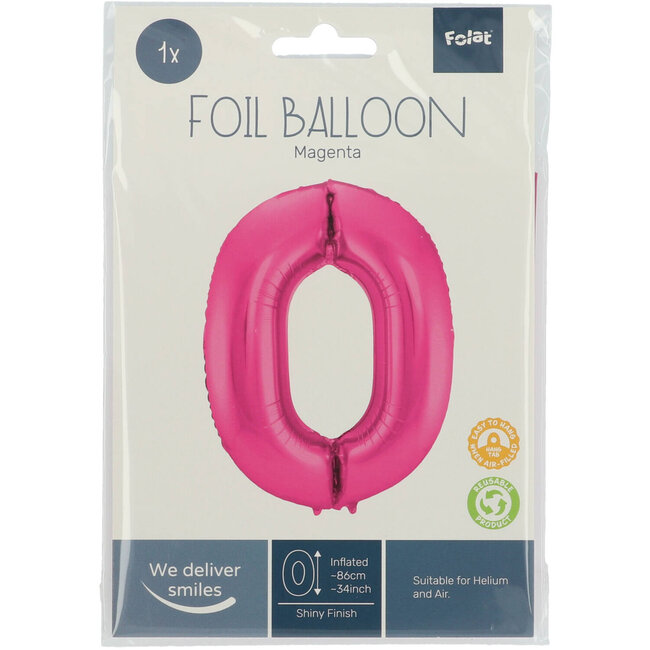 Folieballon Cijfer 0 - Magenta - 86 cm