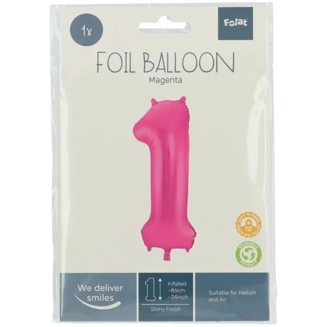 Folieballon Cijfer 1 - Magenta - 86 cm