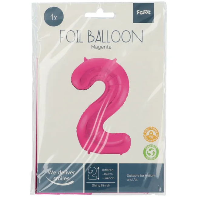 Folieballon Cijfer 2 - Magenta - 86 cm