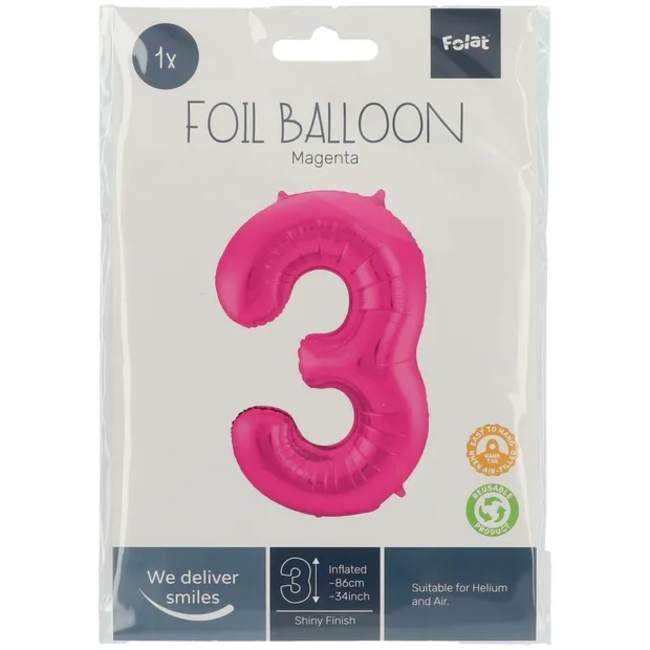 Folieballon Cijfer 3 - Magenta - 86 cm