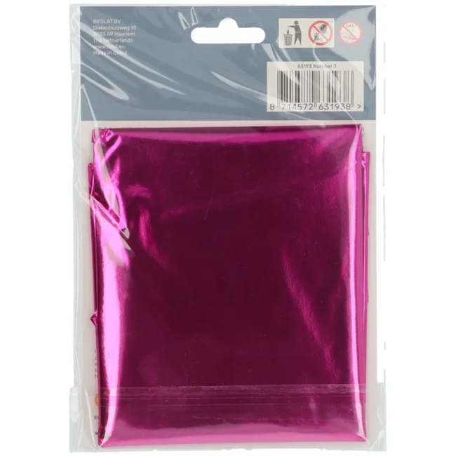 Folieballon Cijfer 3 - Magenta - 86 cm