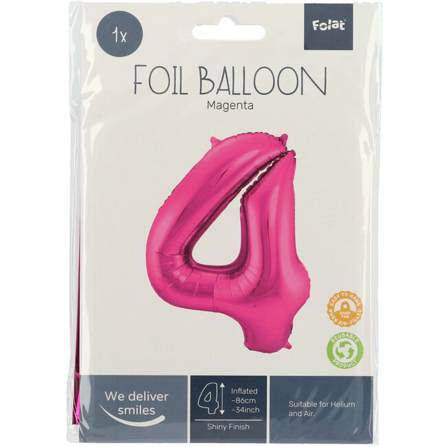 Folieballon Cijfer 4 - Magenta - 86 cm