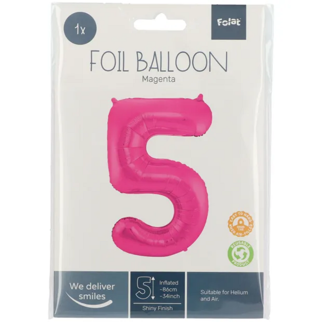 Folieballon Cijfer 5 - Magenta - 86 cm