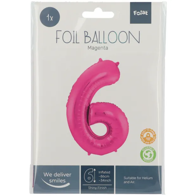 Folieballon Cijfer 6 - Magenta - 86 cm