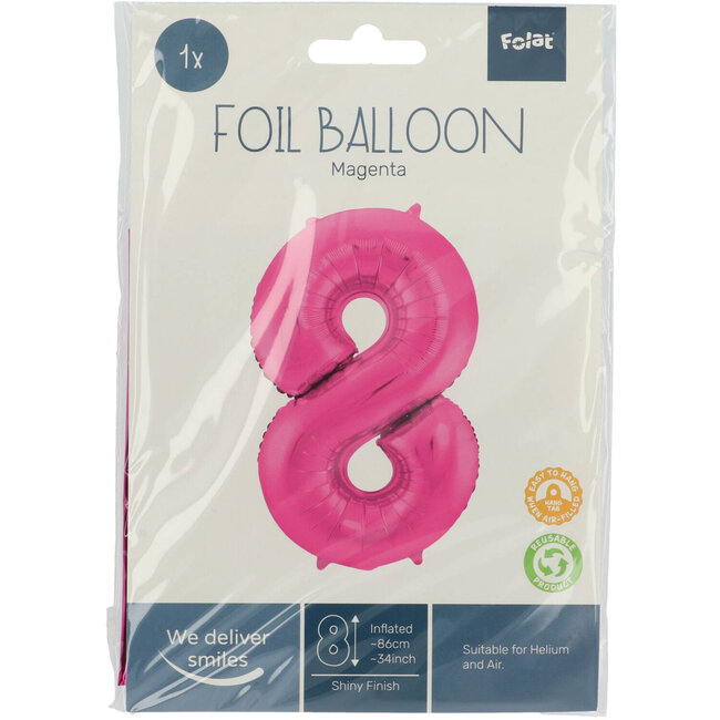 Folieballon Cijfer 8 - Magenta - 86 cm