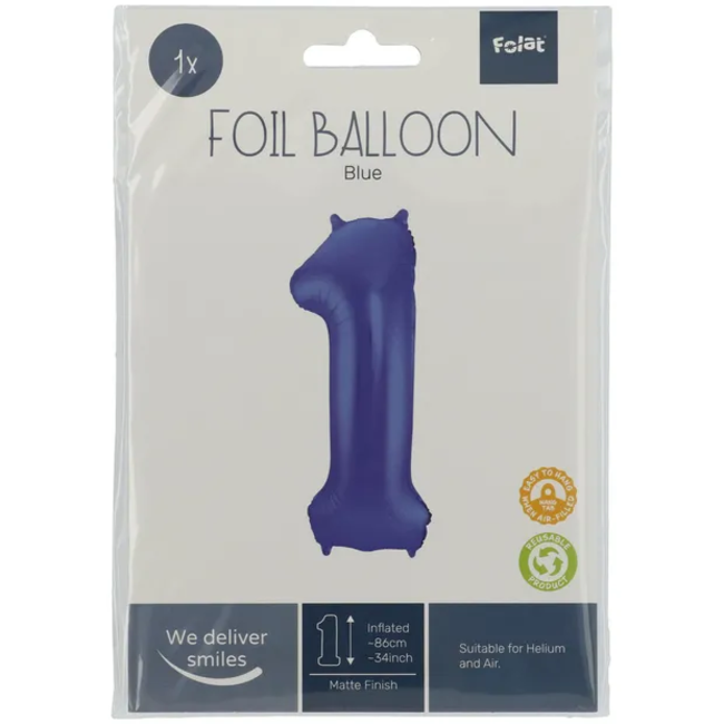 Folieballon Cijfer 1 - Blauw Metallic Mat - 86 cm