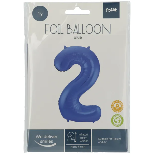 Folieballon Cijfer 2 - Blauw Metallic Mat - 86 cm