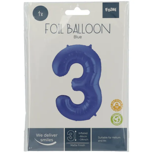 Folieballon Cijfer 3 - Blauw Metallic Mat - 86 cm