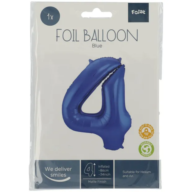 Folieballon Cijfer 4 - Blauw Metallic Mat - 86 cm