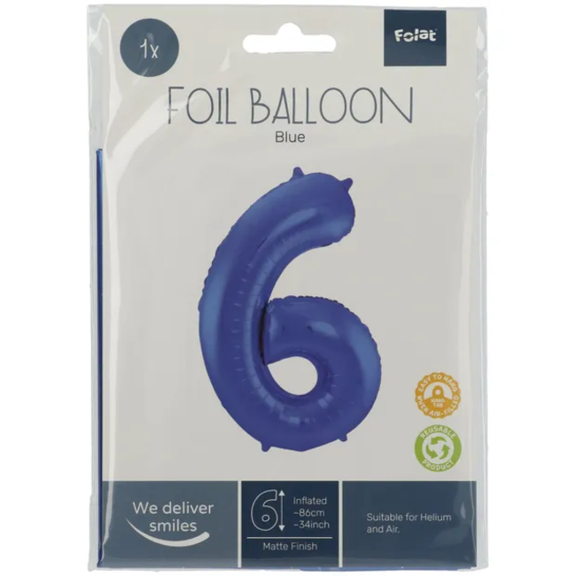Folieballon Cijfer 6 - Blauw Metallic Mat - 86 cm