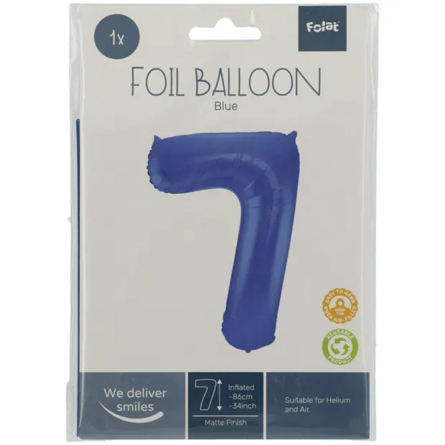 Folieballon Cijfer 7 - Blauw Metallic Mat - 86 cm