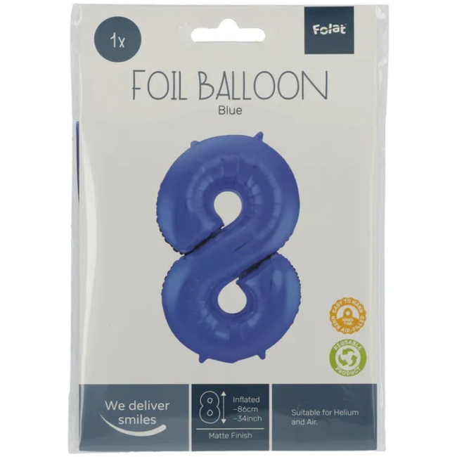 Folieballon Cijfer 8 - Blauw Metallic Mat - 86 cm