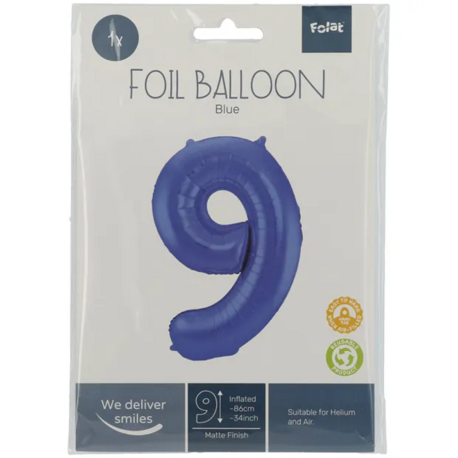 Folieballon Cijfer 9 - Blauw Metallic Mat - 86 cm