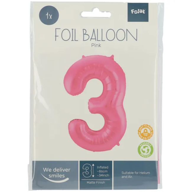 Folieballon Cijfer 3 - Roze Metallic Mat - 86 cm