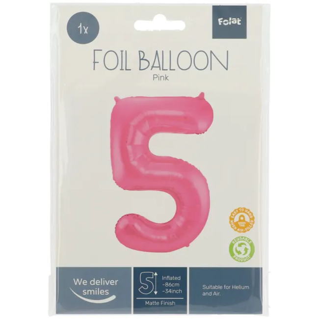 Folieballon Cijfer 5 - Roze Metallic Mat - 86 cm