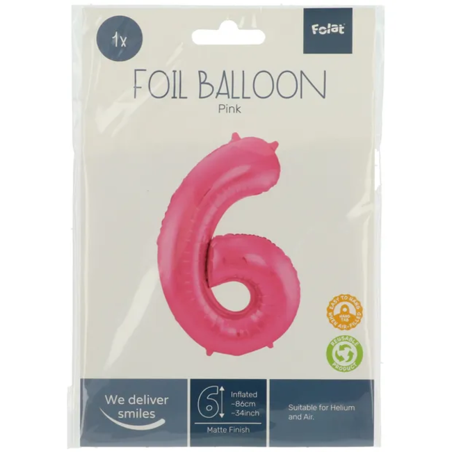 Folieballon Cijfer 6 - Roze Metallic Mat - 86 cm