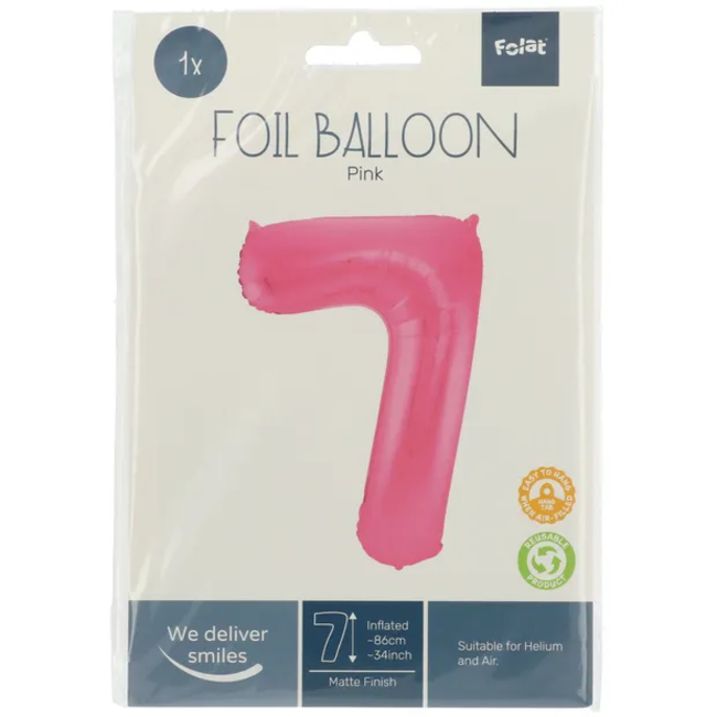 Folieballon Cijfer 7 - Roze Metallic Mat - 86 cm