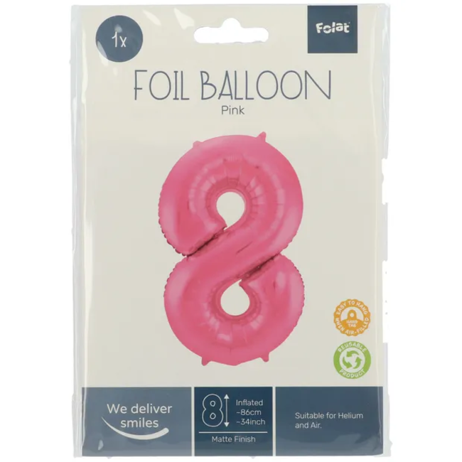 Folieballon Cijfer 8 - Roze Metallic Mat - 86 cm