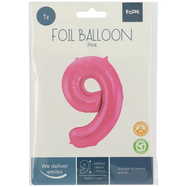 Folieballon Cijfer 9 - Roze Metallic Mat - 86 cm