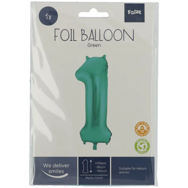 Folieballon Cijfer 1 - Groen Metallic Mat - 86cm