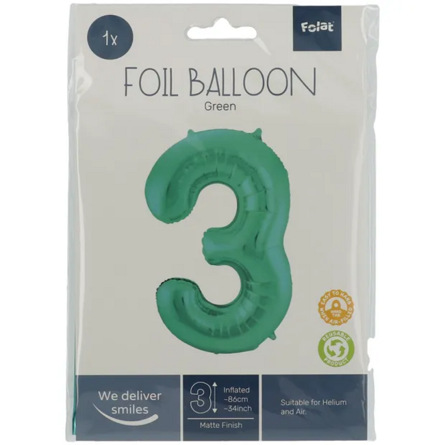 Folieballon Cijfer 3 - Groen Metallic Mat - 86cm