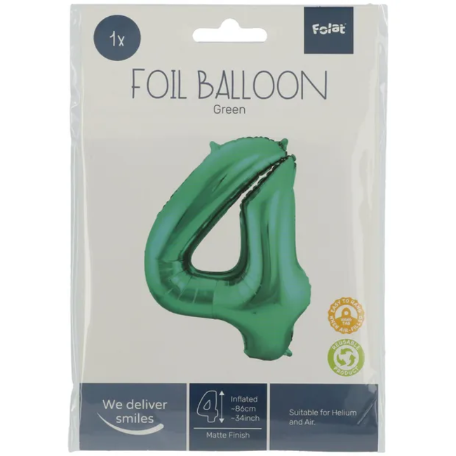 Folieballon Cijfer 4 - Groen Metallic Mat - 86cm