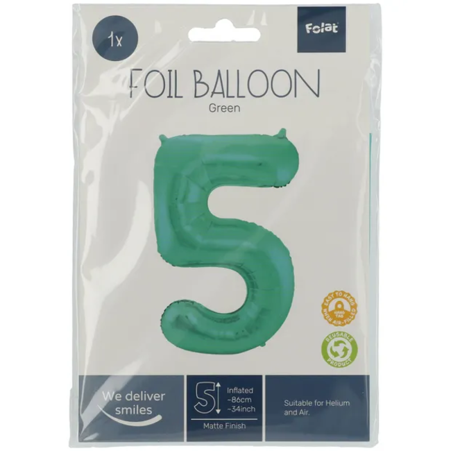 Folieballon Cijfer 5 - Groen Metallic Mat - 86cm