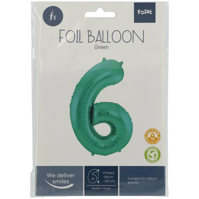 Folieballon Cijfer 6 - Groen Metallic Mat - 86cm