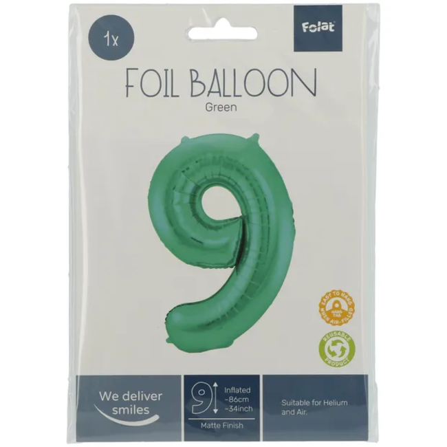 Folieballon Cijfer 9 - Groen Metallic Mat - 86cm