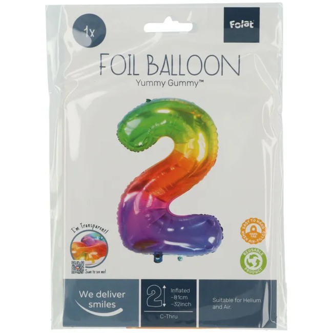 Folieballon Cijfer 2 Yummy Gummy Rainbow - 81 cm