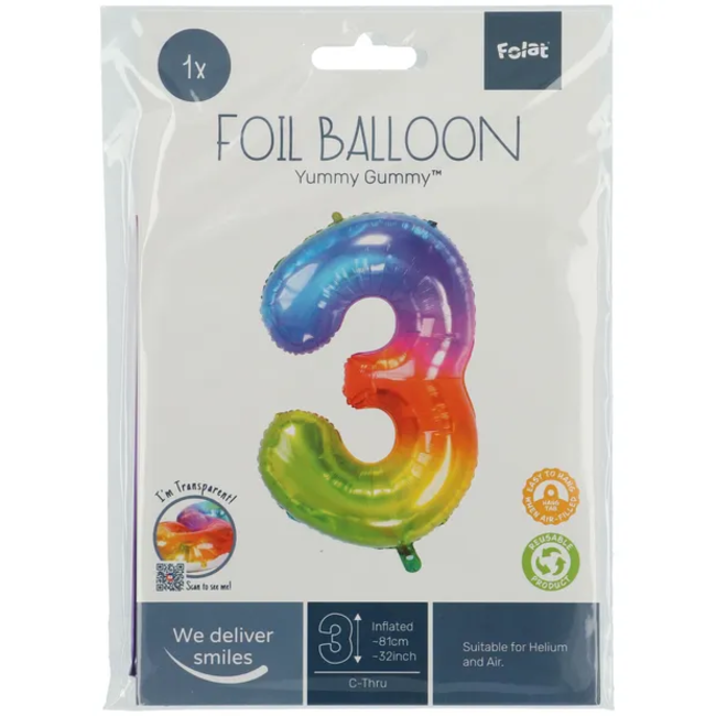 Folieballon Cijfer 3 Yummy Gummy Rainbow - 81 cm