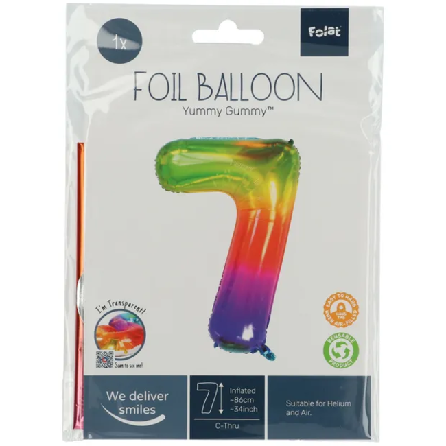 Folieballon  Cijfer 7 Yummy Gummy Rainbow - 81 cm