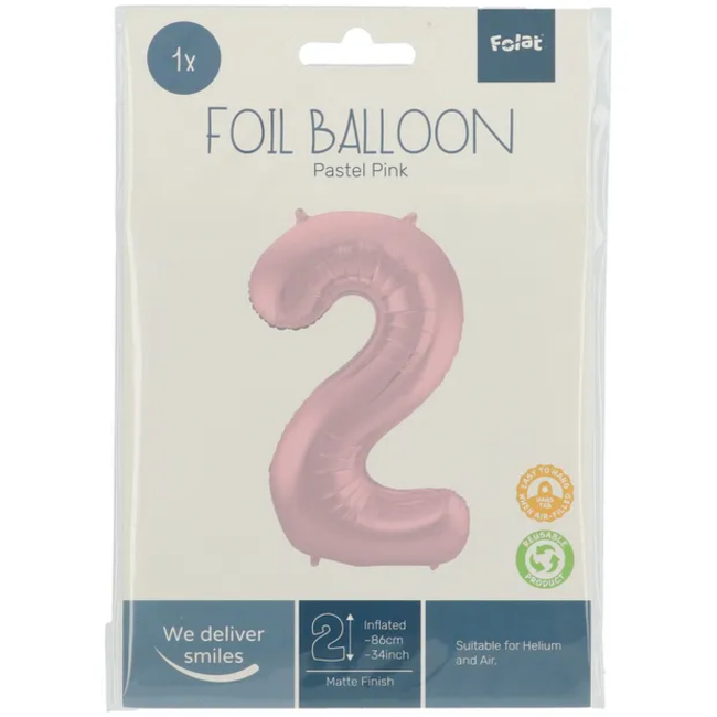 Folieballon Cijfer 2 Pastel Roze Metallic Mat - 86 cm