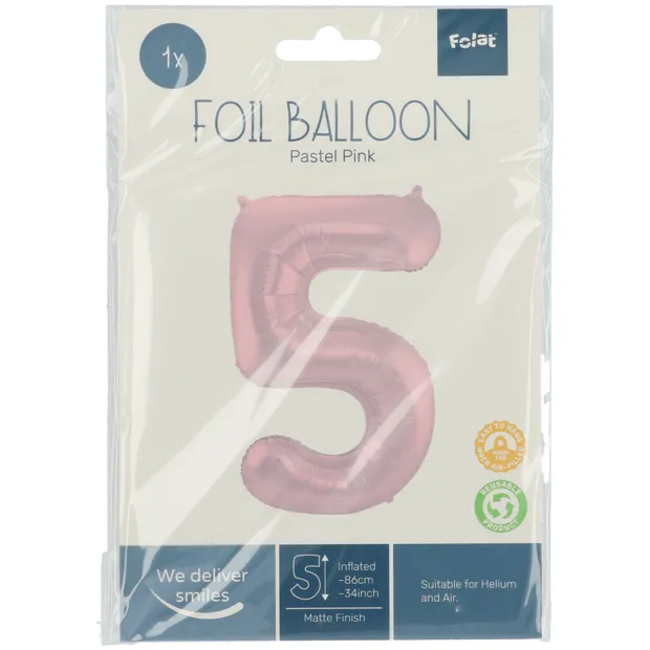 Folieballon Cijfer 5 Pastel Roze Metallic Mat - 86 cm