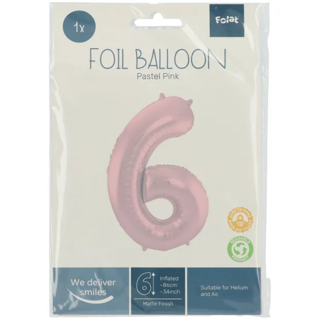 Folieballon Cijfer 6 Pastel Roze Metallic Mat - 86 cm