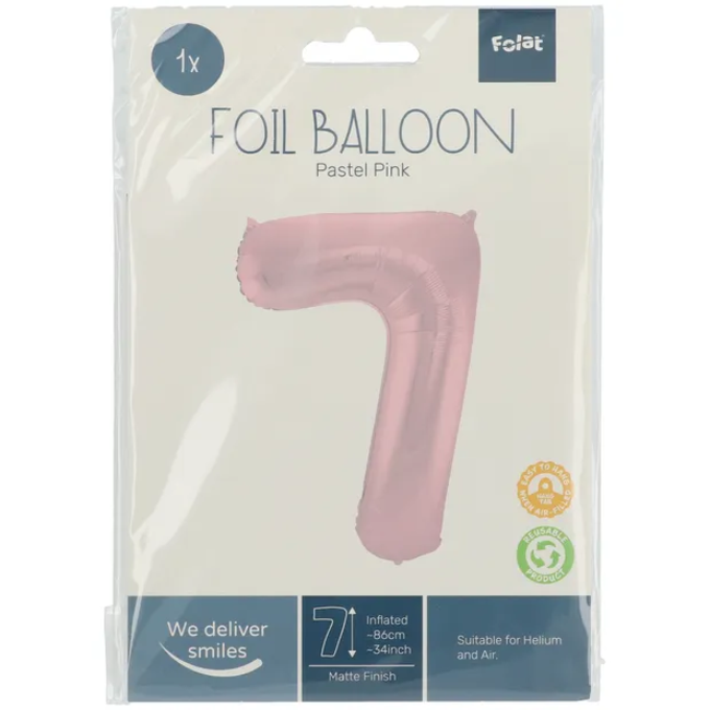 Folieballon Cijfer 7 Pastel Roze Metallic Mat - 86 cm