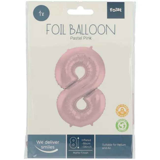 Folieballon Cijfer 8 Pastel Roze Metallic Mat - 86 cm