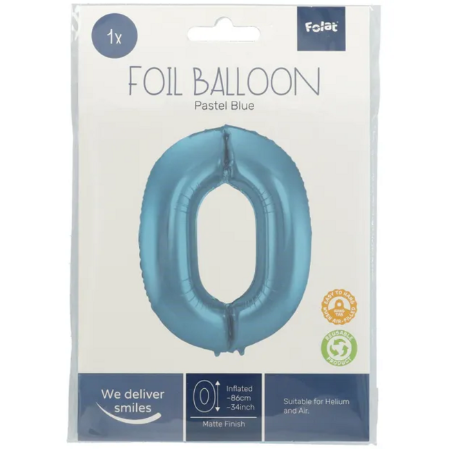 Folieballon Cijfer 0 Pastel Blauw Metallic Mat - 86 cm