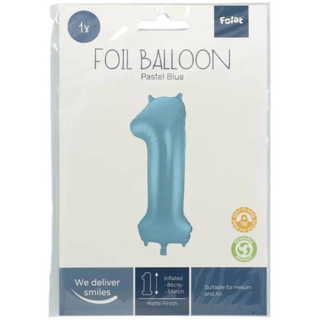 Folieballon Cijfer 1 Pastel Blauw Metallic Mat - 86 cm