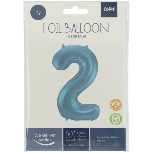 Folieballon Cijfer 2 Pastel Blauw Metallic Mat - 86 cm