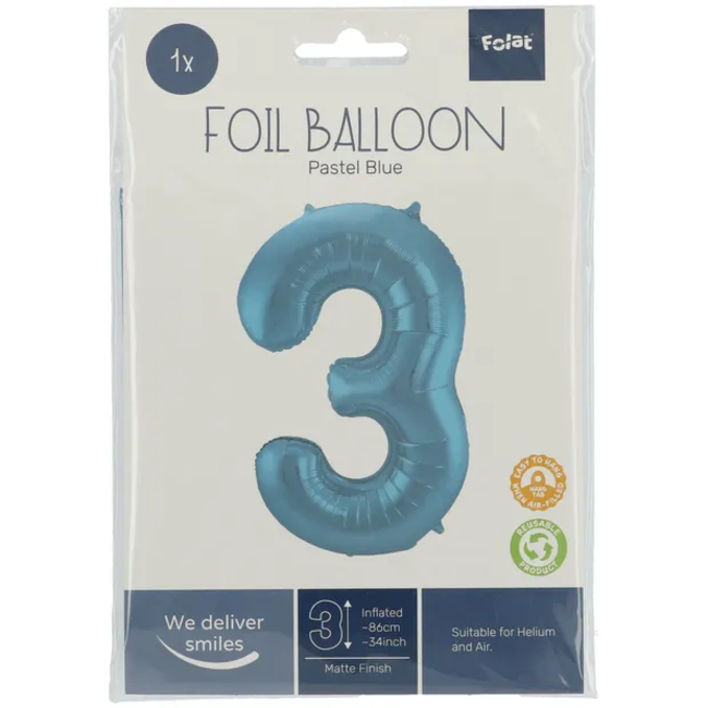 Folieballon Cijfer 3 Pastel Blauw Metallic Mat - 86 cm