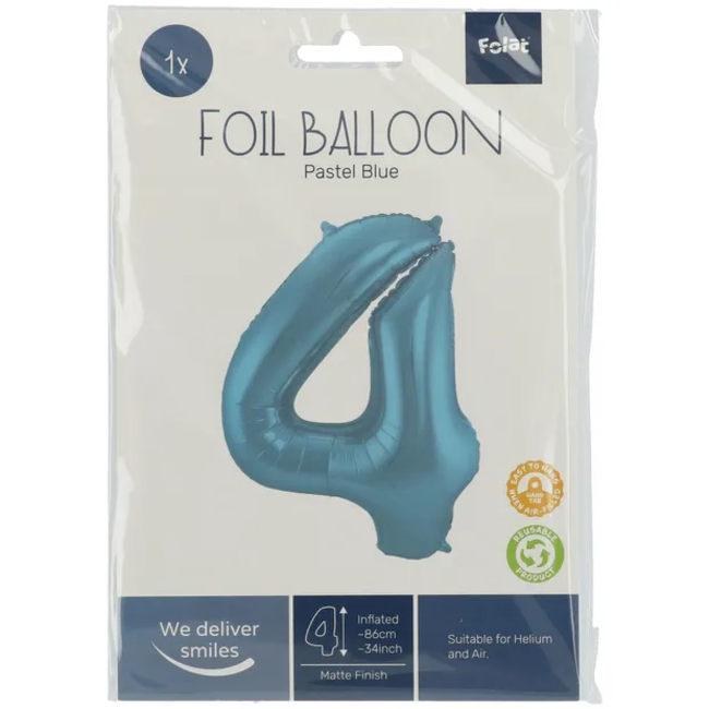 Folieballon Cijfer 4 Pastel Blauw Metallic Mat - 86 cm