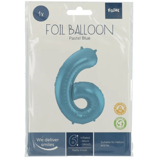 Folieballon Cijfer 6 Pastel Blauw Metallic Mat - 86 cm