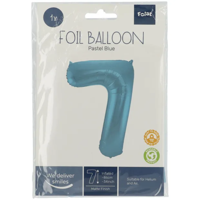 Folieballon Cijfer 7 Pastel Blauw Metallic Mat - 86 cm